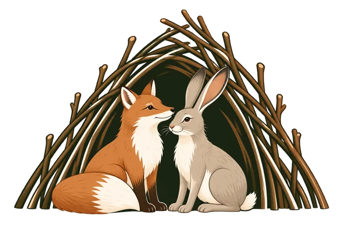 The Wee Den fox-and-hare woodland illustration